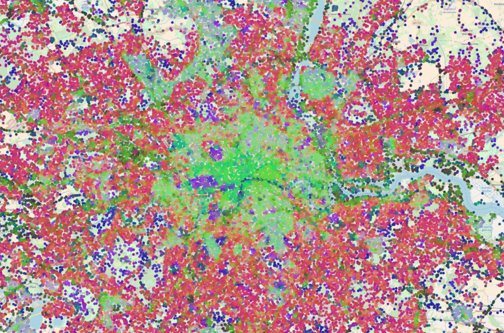 Embeddings for randomly sampled locations in London, UK. The color is obtained by using PCA to reduce the 16D embedding vectors to 3D RGB triplets.