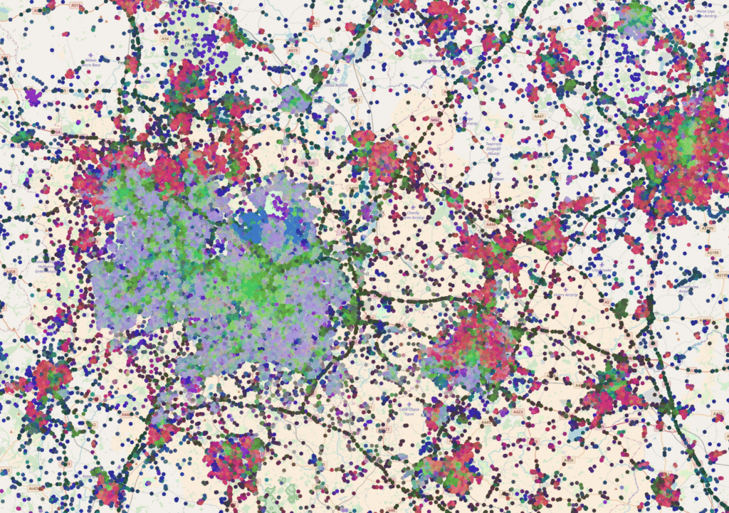 Embeddings for randomly sampled locations in Birningham, UK. The color is obtained by using PCA to reduce the 16D embedding vectors to 3D RGB triplets.