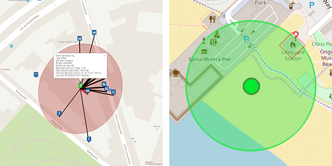 Left: Venue mapping means estimating which of the neighboring venues a user was actually visiting. Right: Human intuition helps us to quickly discard unlikely venues, such as the lifeguard station when a user is visiting the beach.