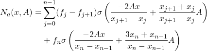\begin{align*} N_a(x, A) = & \sum_{j=0}^{n-1} (f_j - f_{j+1}) \sigma \left( \frac{-2Ax}{x_{j+1} - x_j} + \frac{x_{j+1} + x_j}{x_{j+1} - x_j} A \right) \\ & + f_n \sigma \left( \frac{-2Ax}{x_n - x_{n-1}} + \frac{3 x_n + x_{n-1}}{x_n - x_{n-1}} A \right) \end{align*}